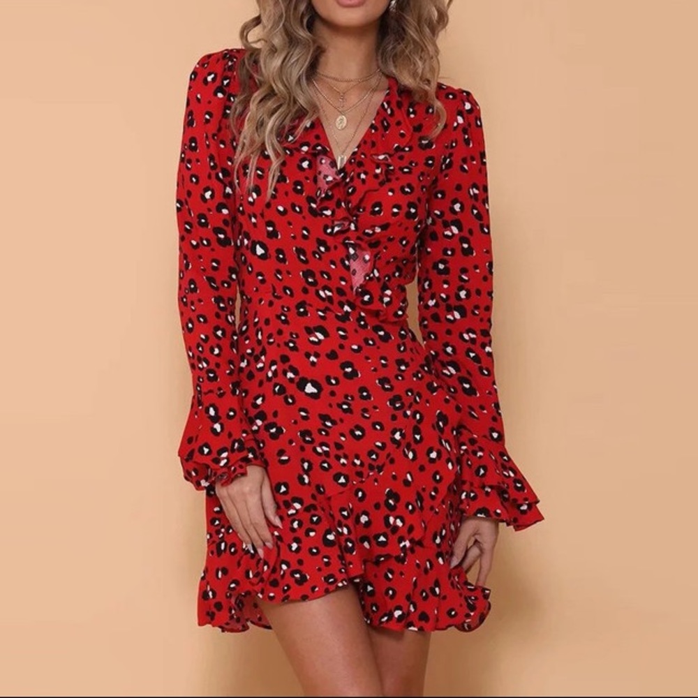 Red Wrap Mini Dress  Red Leopard Print Wrap Dress